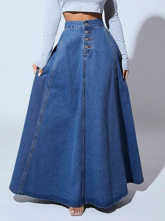 CM-BS749524 Women Casual Seoul Style Medium Wash High Waist Button Front Extra Long Denim Skirt