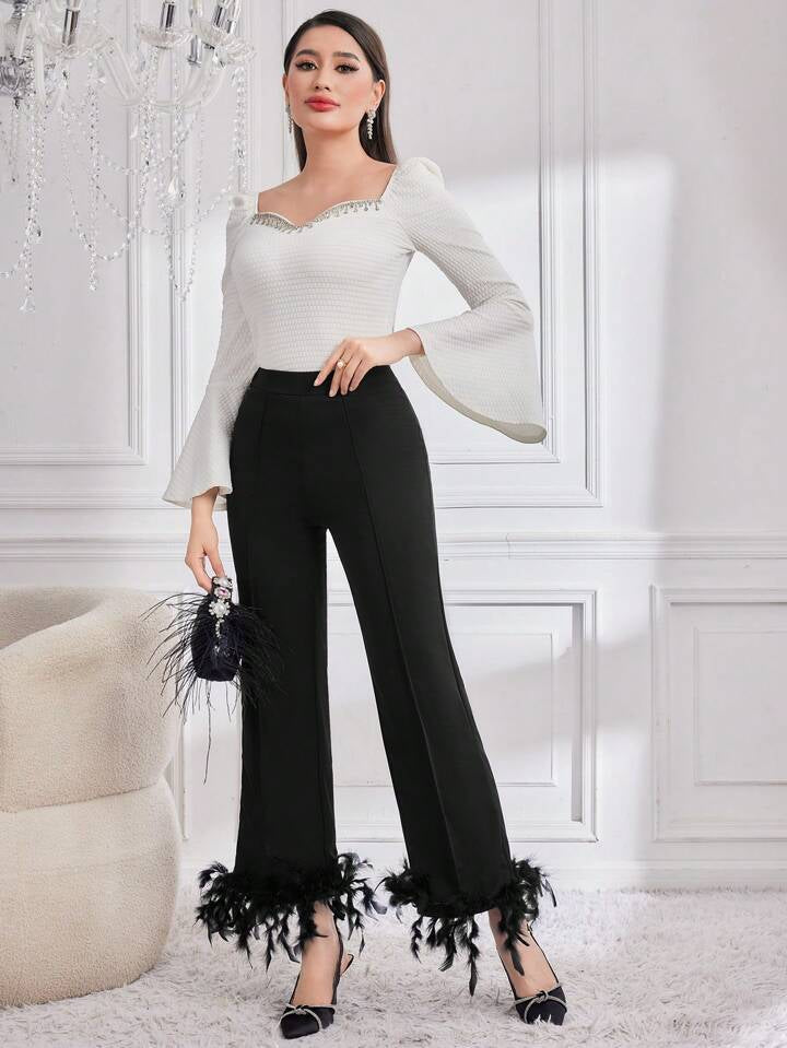 CM-BS368716 Women Elegant Seoul Style High Waist Feather Hem Flare Pants - Black