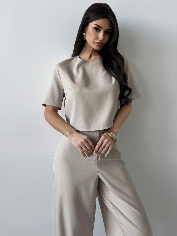 CM-SS569920 Women Casual Seoul Style Solid Color Round Neck Cropped Shirt With Wide Leg Pants - Set