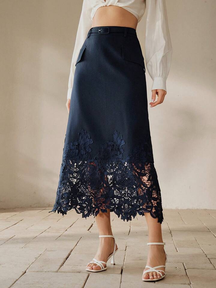 CM-BS827274 Women Elegant Seoul Style Hollow Embroidered Lace Patchwork A-Line Belted Mid-Length Skirt