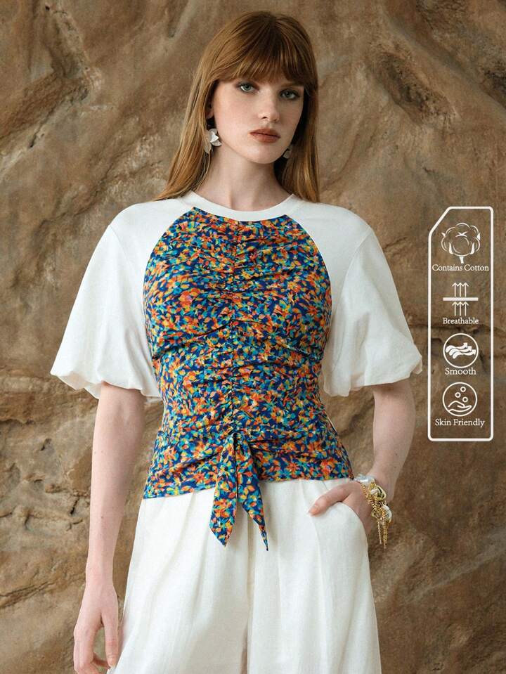 CM-TS240034 Women Casual Seoul Style Round Neck Floral Print Pachwork Puff Sleeve Bowknot T-Shirt