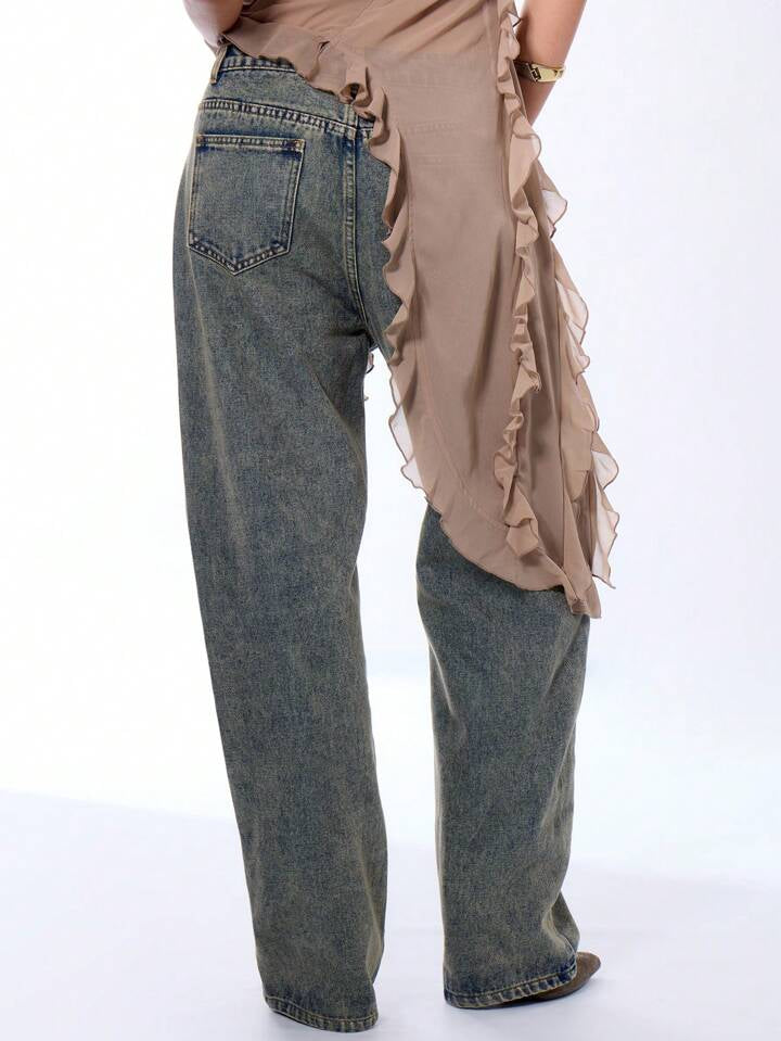CM-BS260026 Women Casual Seoul Style Low Rise Drop Waist Washed Denim Trousers