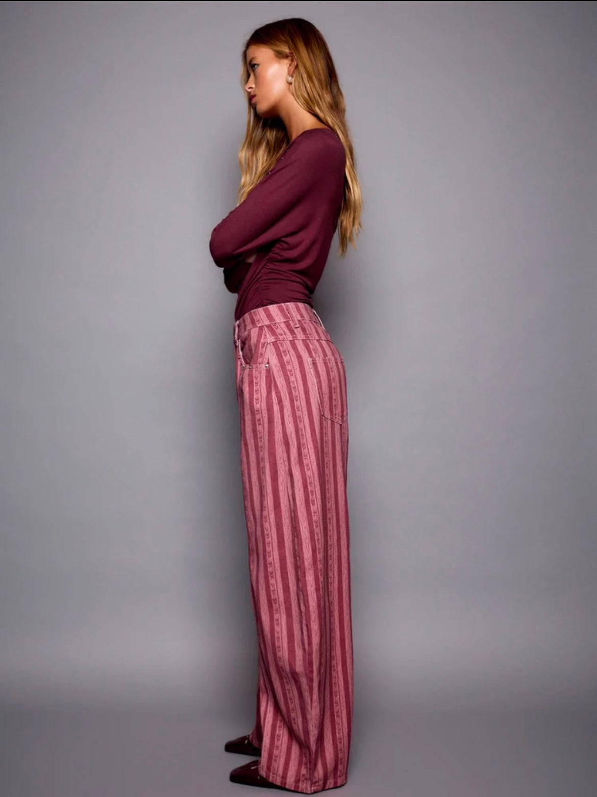CM-BS265839 Women Elegant Seoul Style Mid Waist Striped Loose-Fitting Flare Leg Trousers - Hot Pink