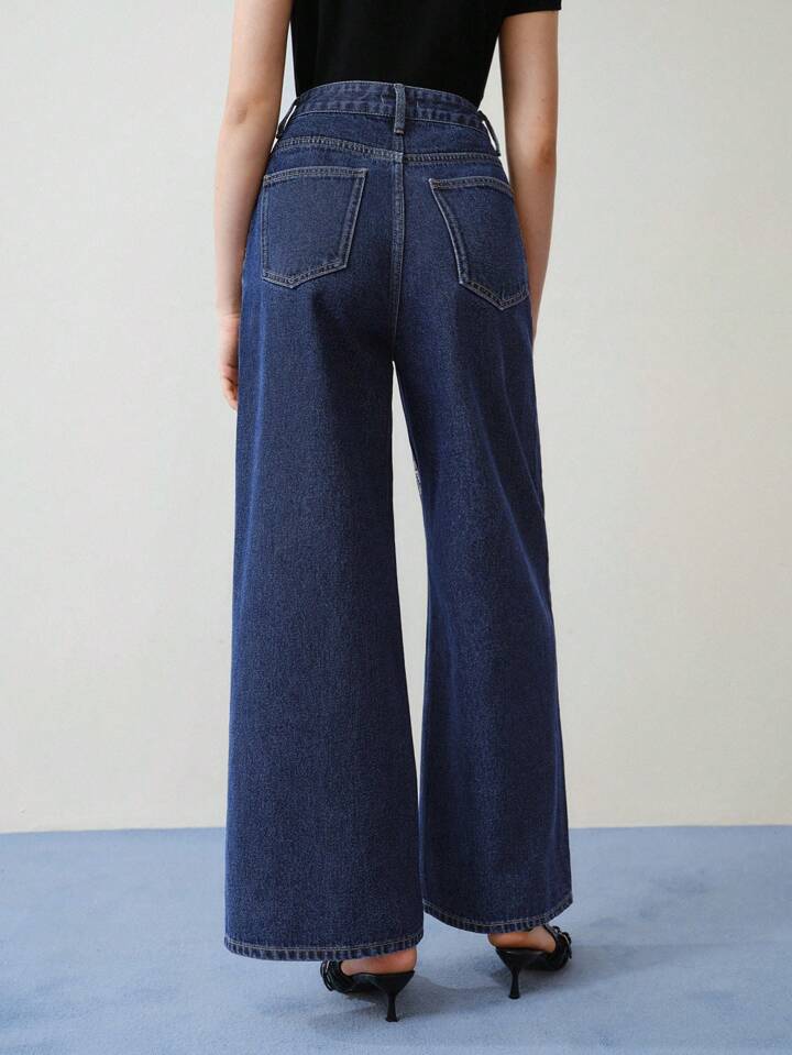 CM-BS221303 Women Elegant Seoul Style Bow All Over Print Wide Leg Jeans - Blue