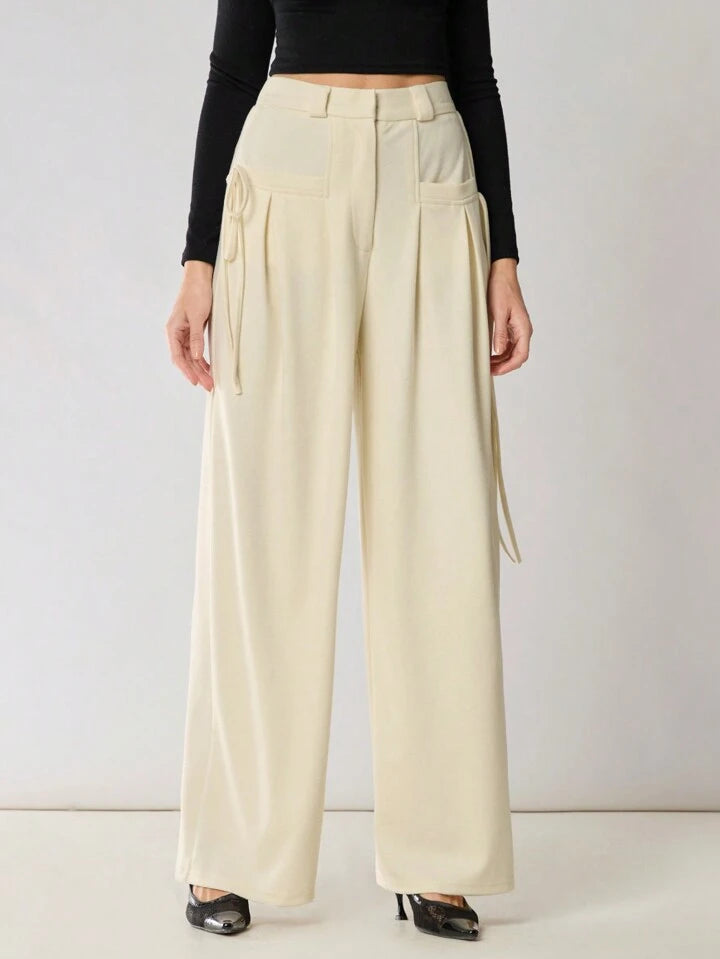 CM-BS518013 Women Casual Seoul Style Solid Color Drawstring Pocket Minimalist Pants - Apricot