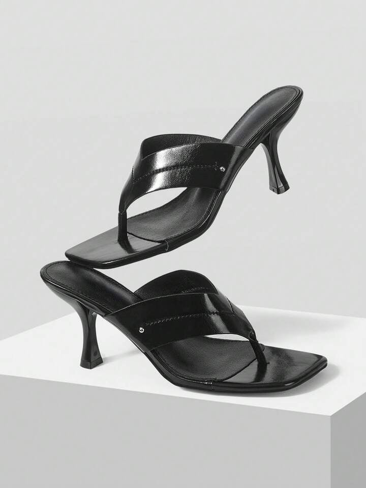 CM-SHS000408 Women Trendy Seoul Style Minimalist Square Head High Heel Sandals - Black