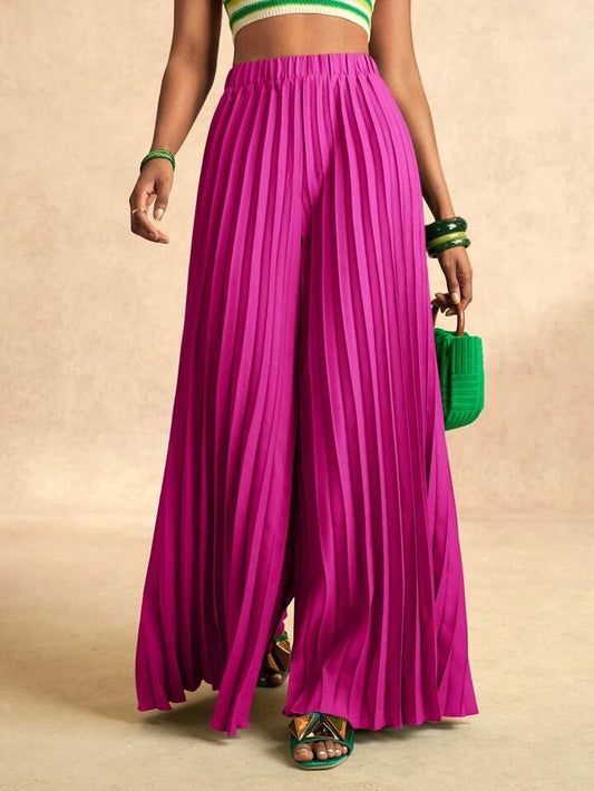 CM-BS828840 Women Elegant Seoul Style Elastic Waist Pleated Extra-Long Wide-Leg Pants - Hot Pink