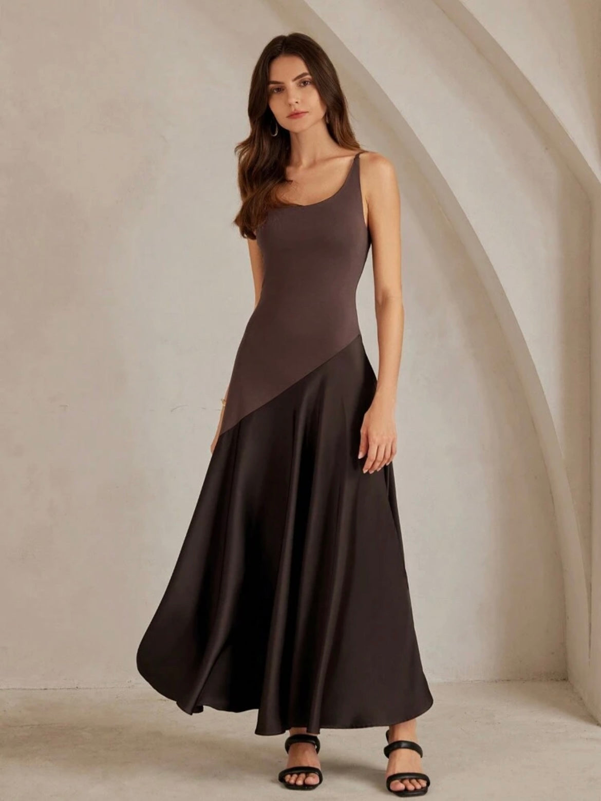 CM-DS099996 Women Elegant Seoul Style Solid Color Minimalist Spaghetti Strap Maxi A-Line Dress - Coffee