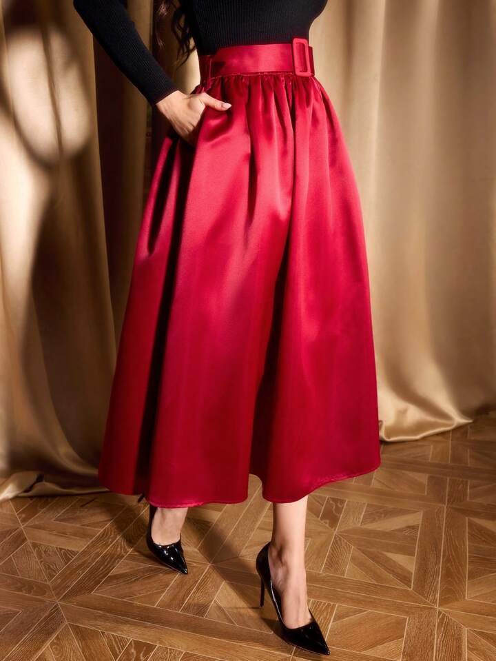 CM-BS522726 Women Elegant Seoul Style Ultra High Waist Satin Flared Hem A-Line Skirt - Red