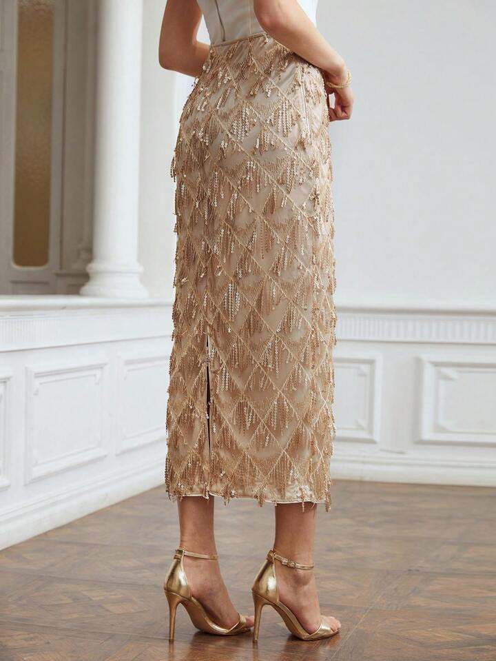 CM-BS966127 Women Elegant Seoul Style Premium Sequin Fringe Midi Skirt - Khaki