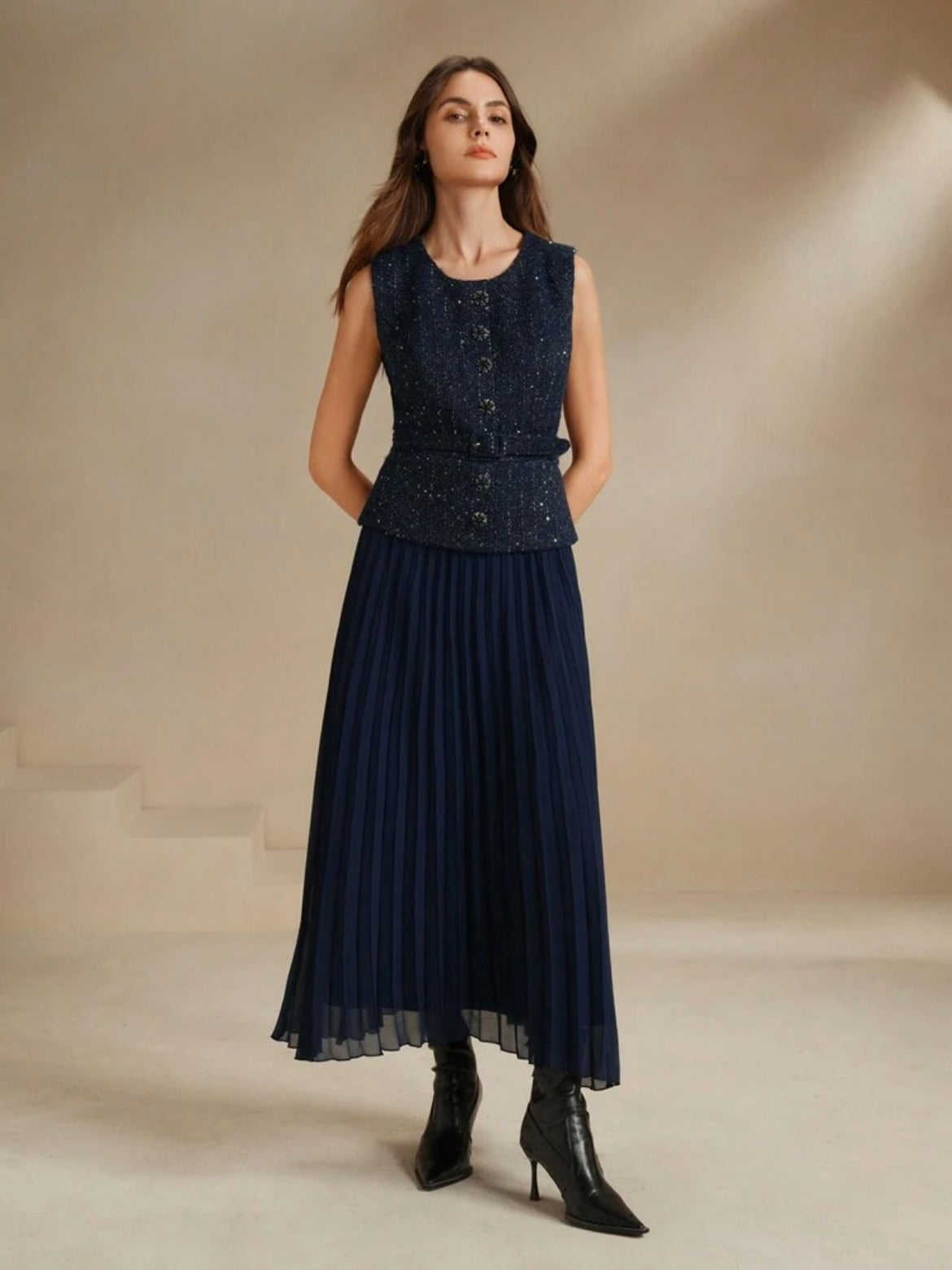 CM-DS633092 Women Elegant Seoul Style Contrast Chiffon Pleated Sleeveless Long Dress - Blue