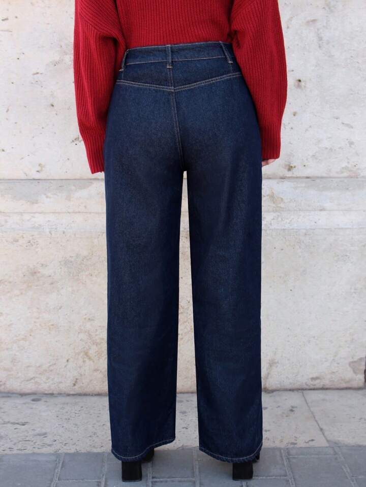 CM-BS261261 Women Casual Seoul Style High Waist Wide Leg Split Hem Denim Pants - Royal Blue