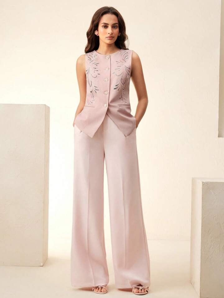CM-TS467822 Women Elegant Seoul Style Hollow-Out Round Neck Sleeveless Camisole - Dusty Pink