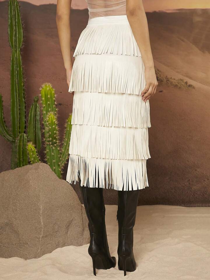 CM-BS962959 Women Trendy Bohemian Style Layered Fringe Tiered Skirt - White