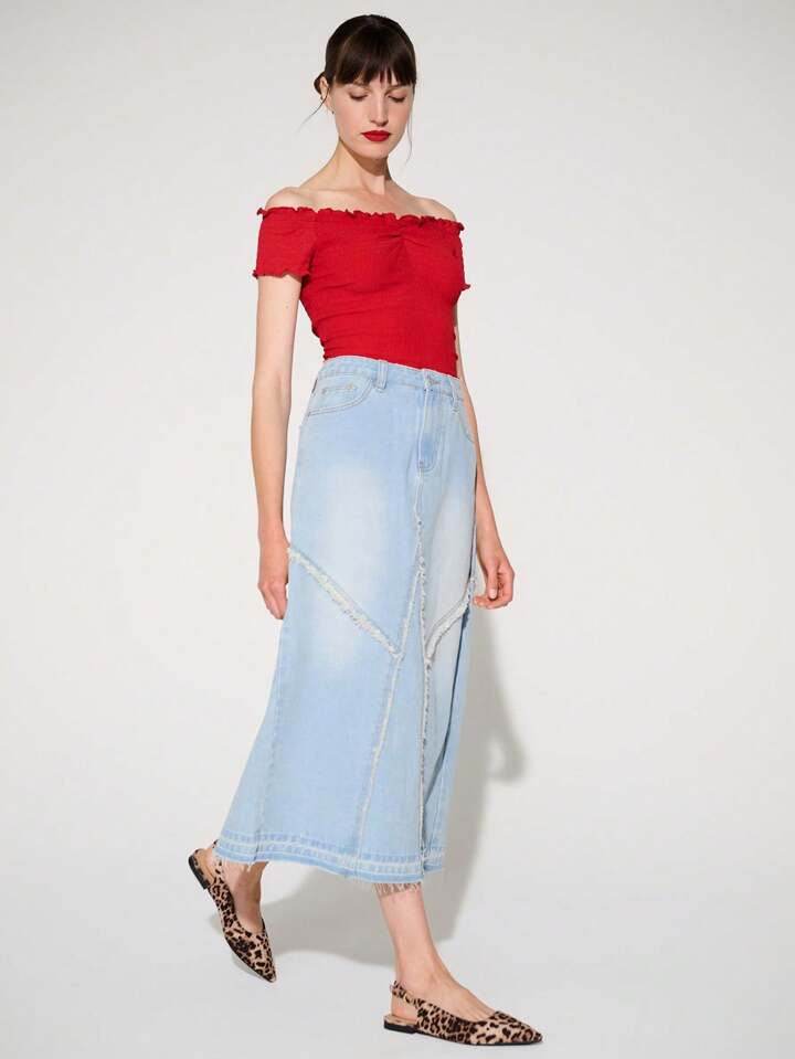 CM-BS781136 Women Casual Seoul Style Fray Seam Non-Stretch Summer Denim Midi Skirt - Blue