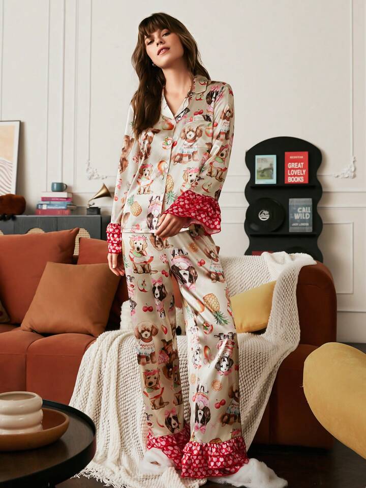 CM-LS025607 Women Trendy Seoul Style Lapel Neckline Long Sleeve All Over Print Satin Pajama Set