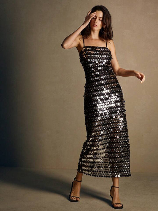 CM-DS599290 Women Elegant Seoul Style Spaghetti Strap Sleeveless Sequined Long Dress - Silver