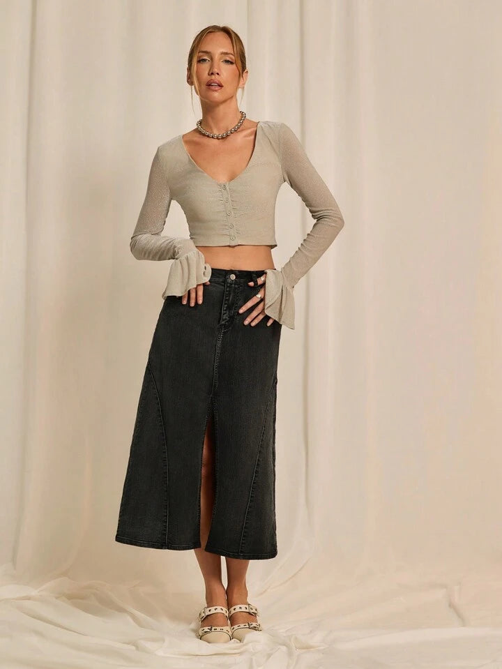CM-BS350688 Women Casual Seoul Style Drop Waist A-Line Denim Skirt - Black