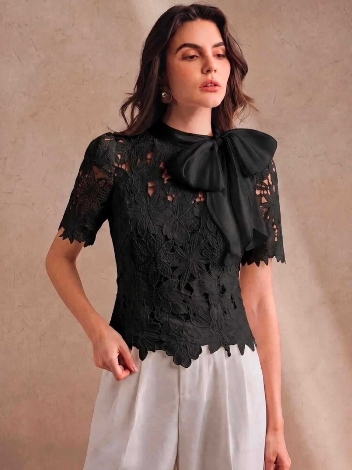 CM-TS468347 Women Elegant Seoul Style Tie Neck Puff Sleeve Hollow Lace Bowknot Blouse - Black