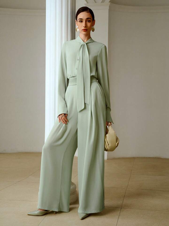 CM-JS504080 Women Elegant Seoul Style Ribbon Collar Rhinestone Buttons Chiffon Long Sleeve Jumpsuit - Mint Green