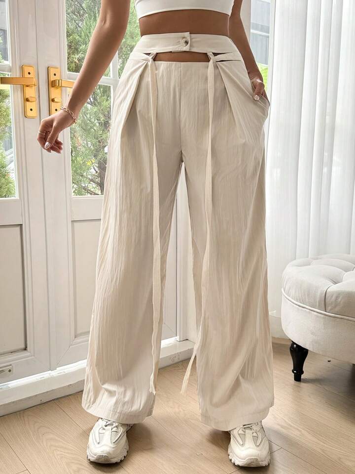 CM-BS539855 Women Trendy Bohemian Style Hollow Out Detail Slanted Pockets Long Pants