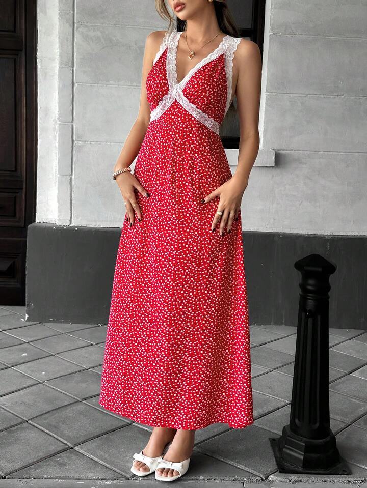 CM-DS666489 Women Casual Seoul Style Lace Panel Floral Print V-Neck Sleeveless Dress