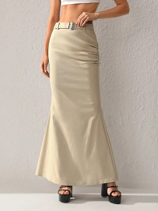 CM-BS726622 Women Elegant Seoul Style Solid Color Long Skirt With Belt - Khaki