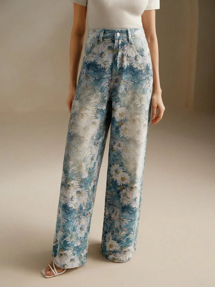 CM-BS372161 Women Casual Seoul Style Floral Printed High-Waisted Wide Leg Jeans