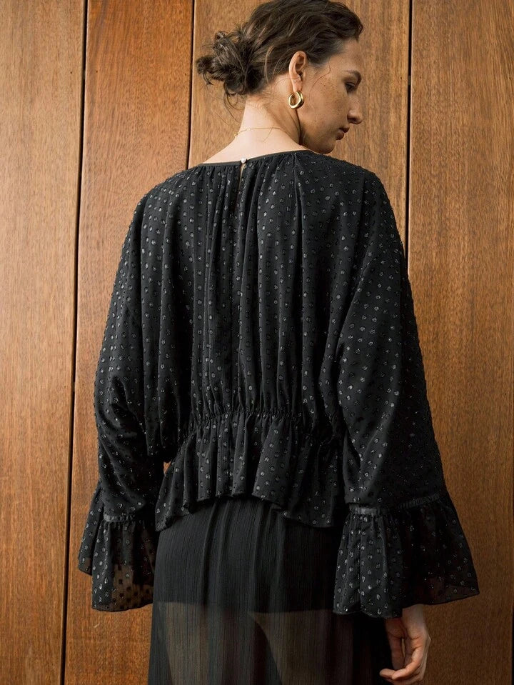 CM-TS538131 Women Elegant Seoul Style Polka Dot Chiffon Jacquard Drop Shoulder Waist Ruffle Design Hem Blouse