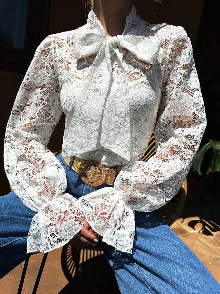 CM-TS646834 Women Trendy Bohemian Style Bow-Tie Strap Lantern Sleeve Lace Shirt - White