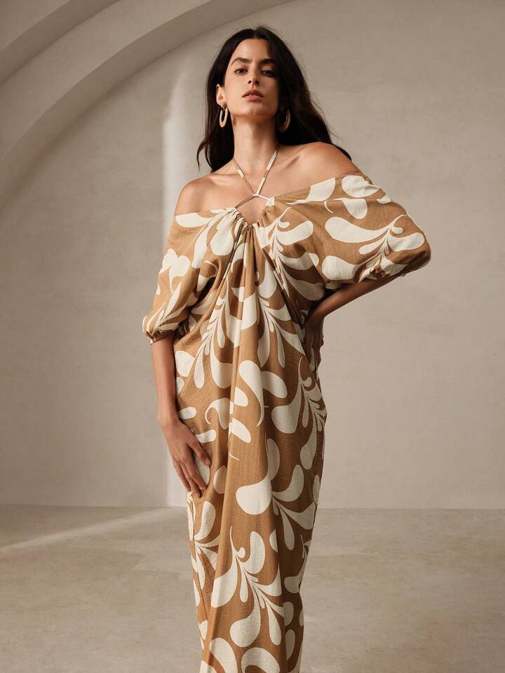 CM-DS627471 Women Trendy Bohemian Style Printed Pleated Backless Maxi Dress - Coffee