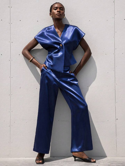 CM-SS792864 Women Elegant Seoul Style Silky Satin One-Button Short Sleeve Blouse With Straight Leg Pants - Set