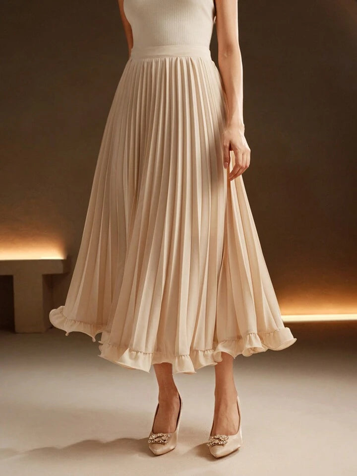 CM-BS741398 Women Elegant Seoul Style Pleated Woven Ruffle Hem Long Skirt - Apricot