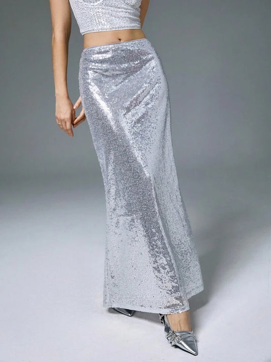 CM-BS292770 Women Elegant Seoul Style Drop Waist Sequined A-Line Maxi Skirt - Silver