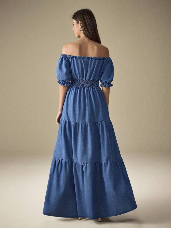CM-DS553658 Women Trendy Bohemian Style Off-Shoulder Short Puff Sleeve Waist Gathered Long Denim Dress - Blue
