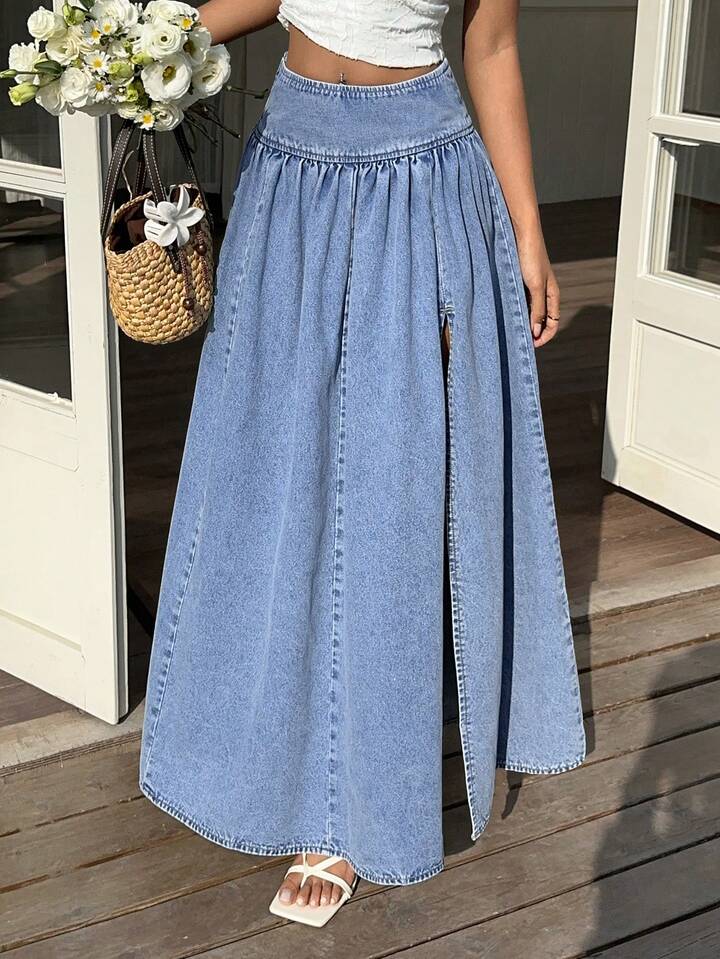CM-BS244233 Women Casual Seoul Style Solid Color High Waist Pleated Long Denim Skirt - Blue