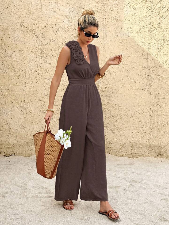 CM-JS673978 Women Trendy Bohemian Style Linen 3D Floral Decor V-Neck Sleeveless Wide Leg Jumpsuit - Brown