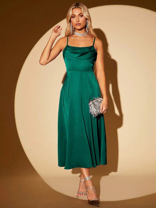 CM-DS283031 Women Elegant Seoul Style Draped Collar Zip Back Cami Dress - Dark Green