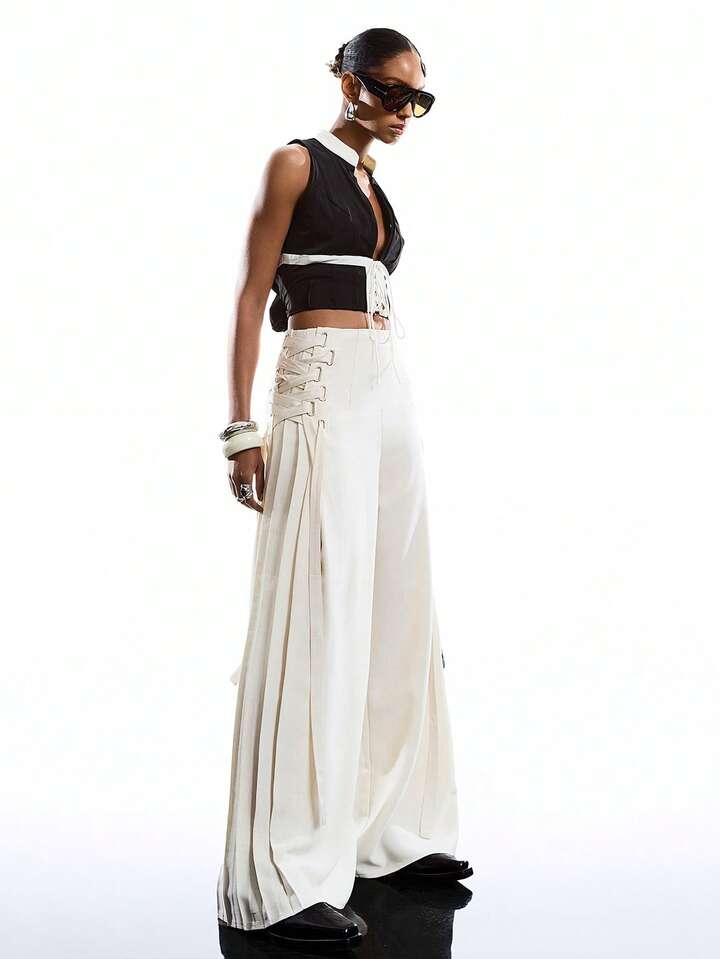 CM-BS055171 Women Casual Seoul Style Solid Color Minimalist Tie-Up Pants Dress Over Pants - Khaki