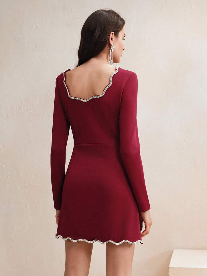 CM-DS463087 Women Elegant Seoul Style Diamond Trim Decor Square Neck Fitted Short Cocktail Dress