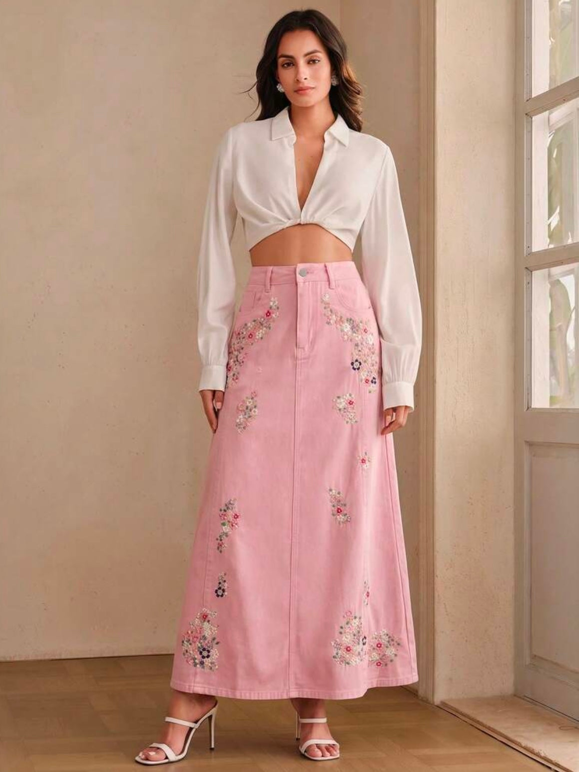 CM-BS478582 Women Casual Seoul Style Mid Waist Embroidery Slimming Design Split A-Line Denim Skirt - Pink