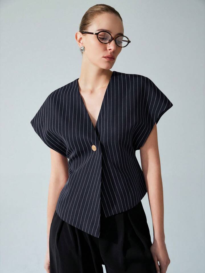 CM-TS891692 Women Casual Seoul Style V-Neck Open Front Asymmetrical Hemline Sleeveless Blouse