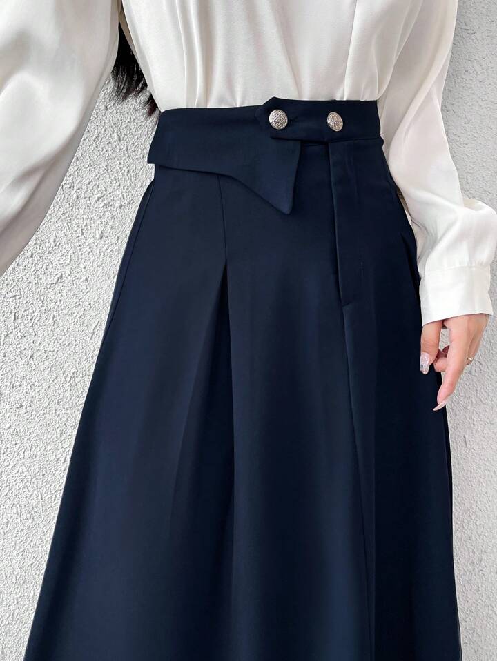 CM-BS522366 Women Elegant Seoul Style Button Decor Flared Hem A-Line Skirt - Navy Blue