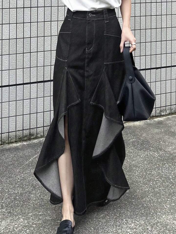 CM-BS727918 Women Casual Seoul Style Multi-Layered Ruffle Patchwork Denim Skirt With Side Slit