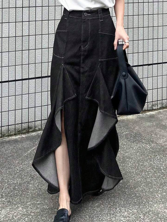 CM-BS727918 Women Casual Seoul Style Multi-Layered Ruffle Patchwork Denim Skirt With Side Slit