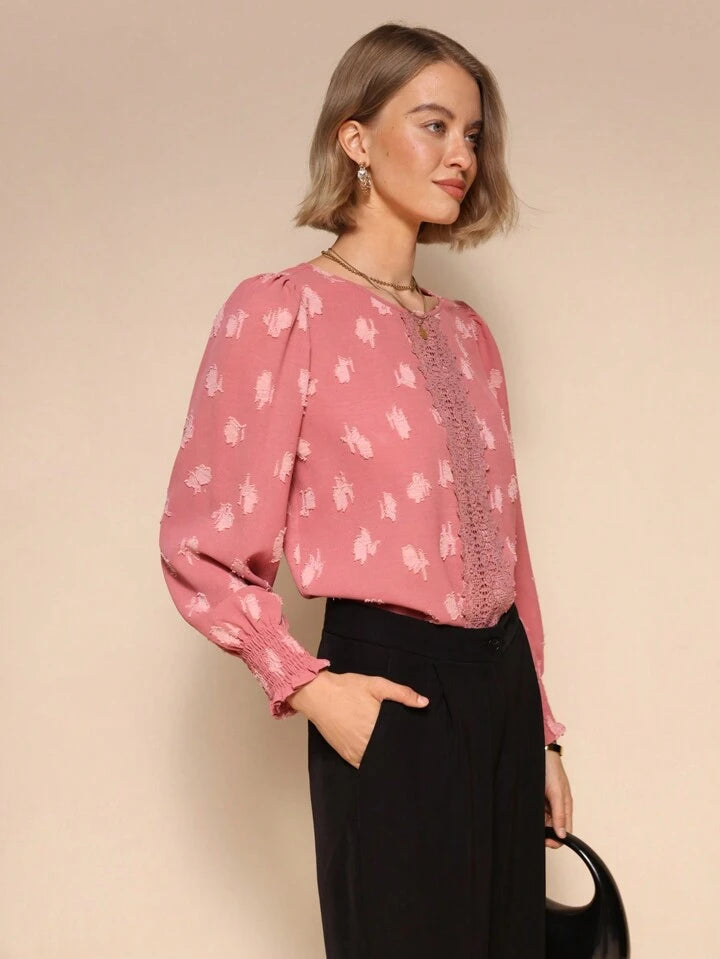 CM-TS656545 Women Casual Seoul Style Lace Patchwork Round Neck Long Sleeve Blouse - Pink
