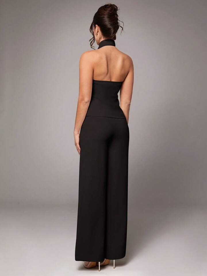 CM-SS235421 Women Elegant Seoul Style Sleeveless Metal Buckle Slim Halter Top With Pants Suit - Black