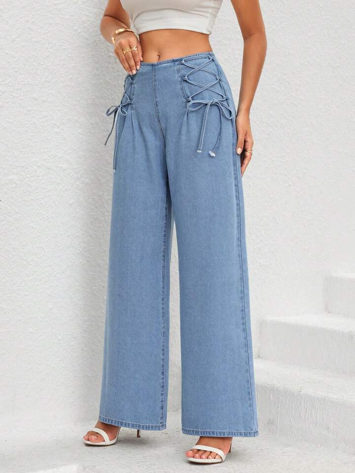 CM-BS222712 Women Casual Seoul Style Light Wash Lace Up Front Loose Wide Leg Jeans