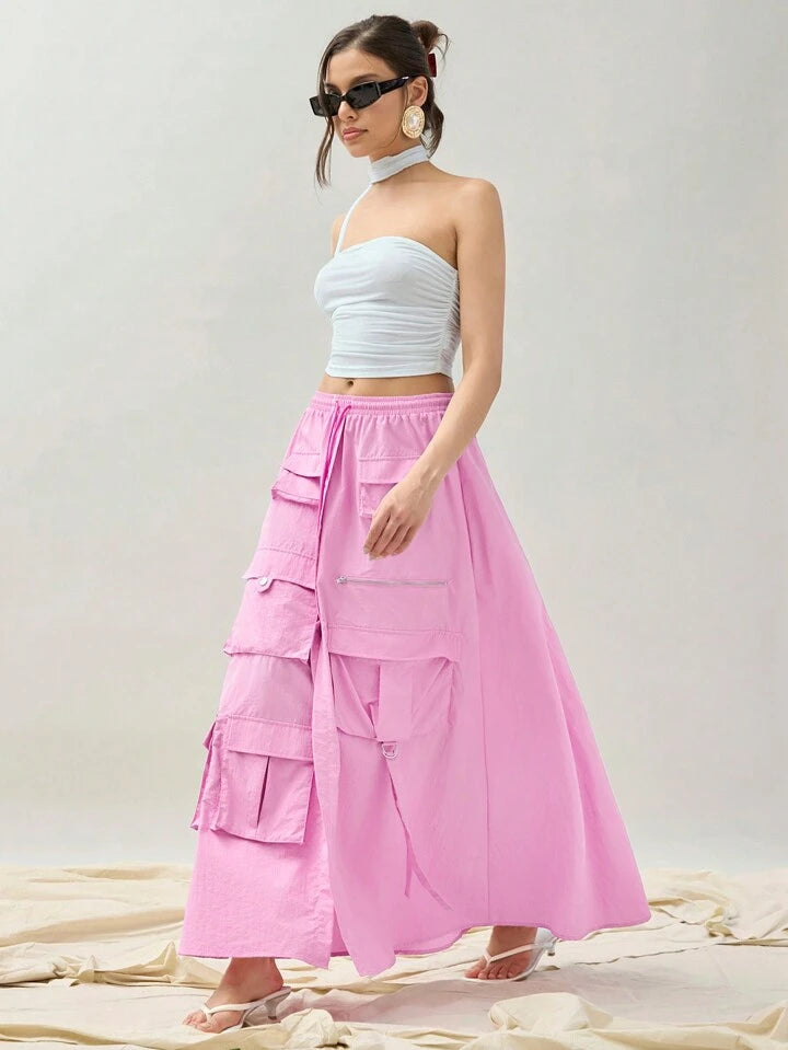 CM-BS691073 Women Casual Seoul Style Solid Color Drawstring Waist Pocketed Split Hem Skirt