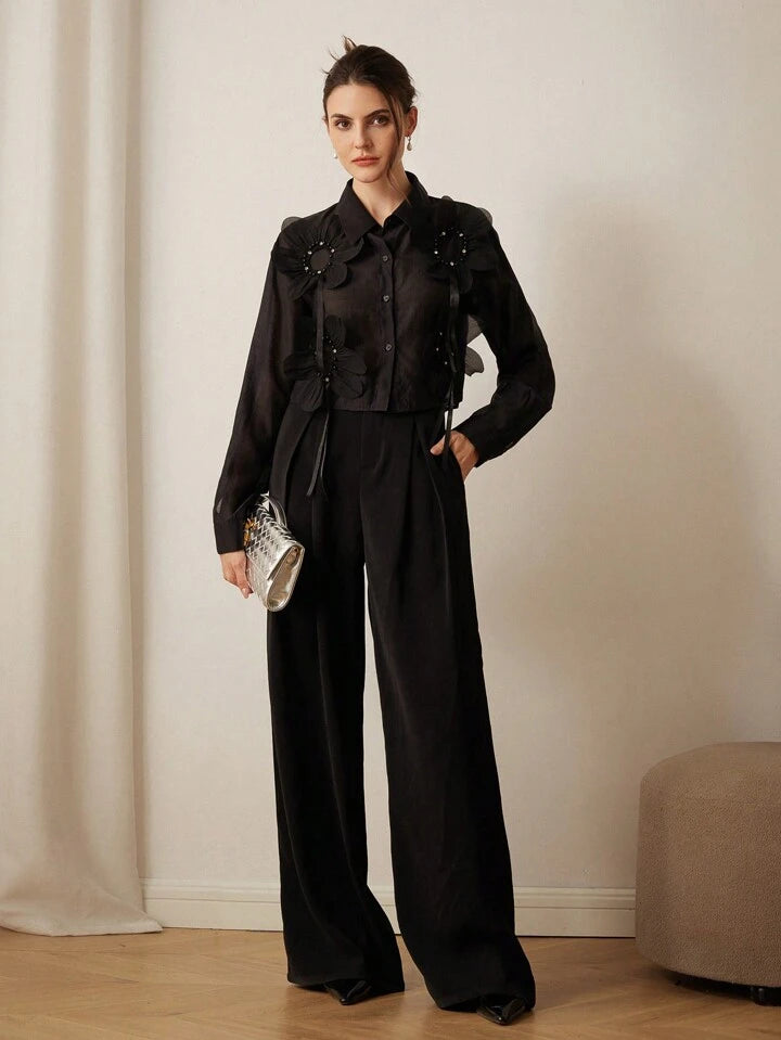 CM-TS577439 Women Elegant Seoul Style Floral Embroidery Sequins Splice Sheer Long Sleeve Blouse - Black